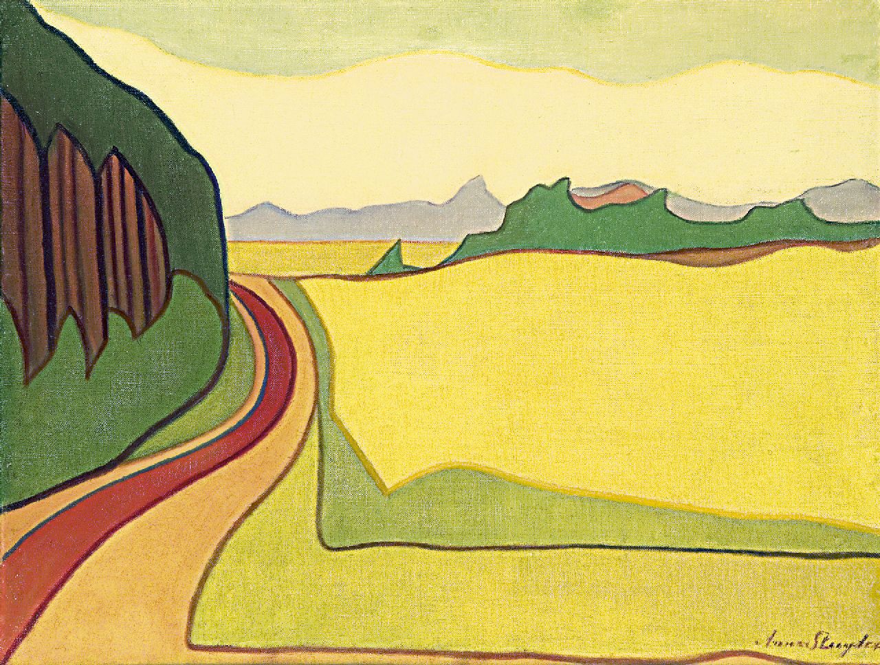 Sluijter J.J.H. | Johanna Jozina Helena 'Anna' Sluijter, Landschap met rode weg, Blaricum, olieverf op doek 55,3 x 71,3 cm, gesigneerd rechtsonder en te dateren ca. 1914 Sluijter J.J.H. | Johanna Jozina Helena 'Anna' Sluijter, Landschap met rode weg, Blaricum, olieverf op doek 55,3 x 71,3 cm, gesigneerd rechtsonder en te dateren ca. 1914