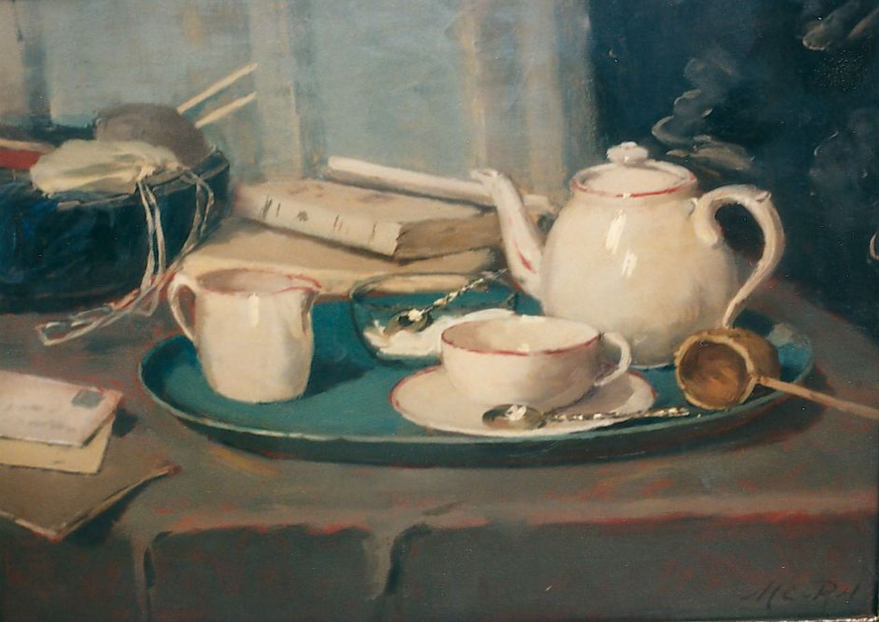 Regteren Altena M.E. van | 'Marie' Engelina van Regteren Altena, Stilleven van theeservies, boeken en breiwerk, olieverf op paneel 54,0 x 39,5 cm, gesigneerd rechtsonder