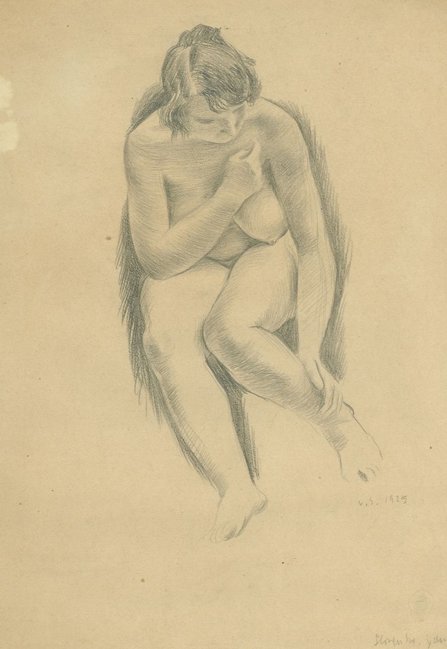 Sychra V.  | Vladimir Sychra | Aquarellen en tekeningen te koop aangeboden | Zittend naakt, tekening op papier 29,2 x 21,3 cm, gesigneerd rechtsonder met initialen en gedateerd 1925
