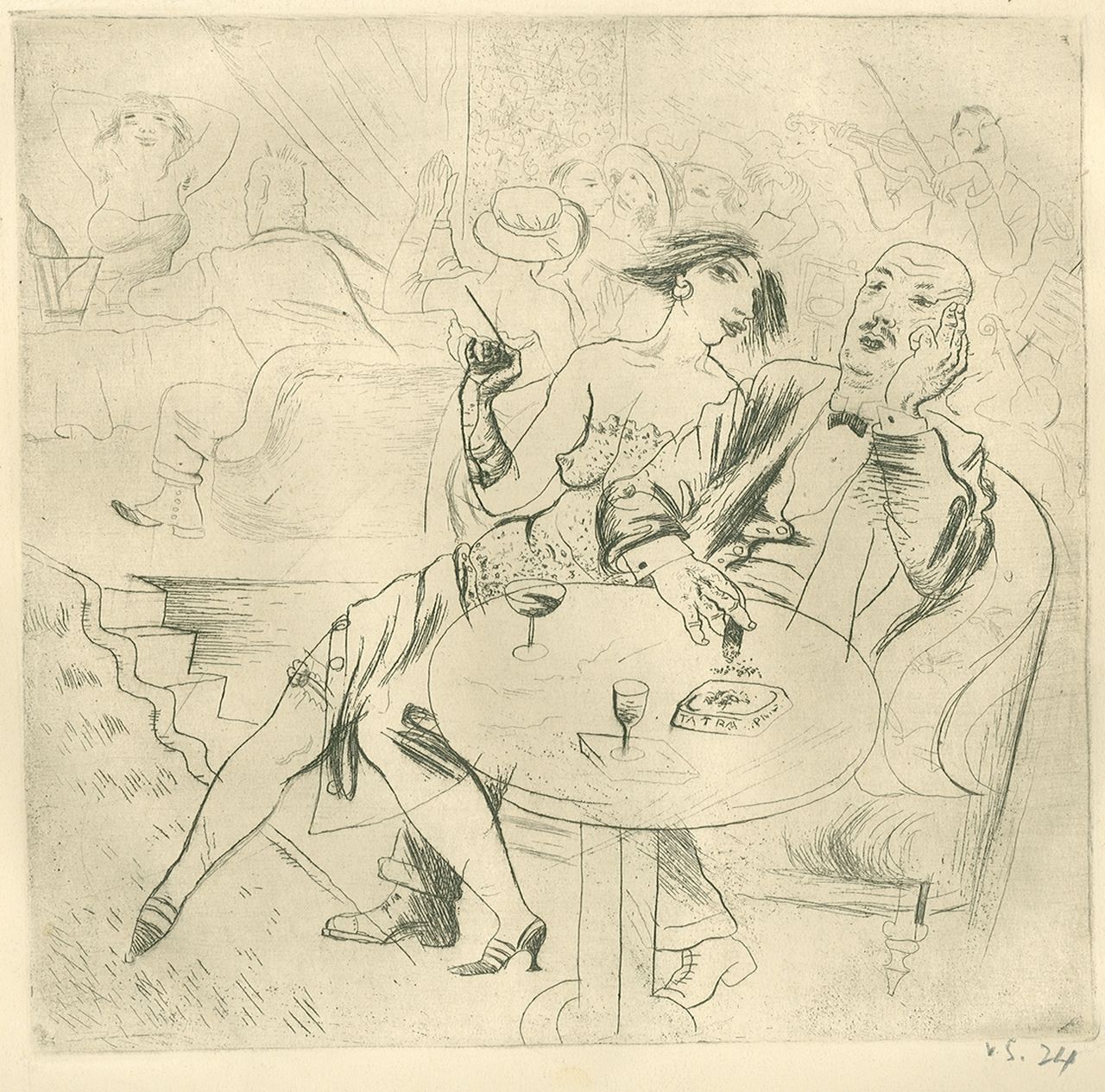 Sychra V. | Vladimir Sychra | Grafiek te koop aangeboden | Nachtclubscène, ets op papier 19,0 x 19,3 cm, gesigneerd rechtsonder met initialen (in potlood) en gedateerd '24 (in potlood) Sychra V. | Vladimir Sychra | Grafiek te koop aangeboden | Nachtclubscène, ets op papier 19,0 x 19,3 cm, gesigneerd rechtsonder met initialen (in potlood) en gedateerd '24 (in potlood)