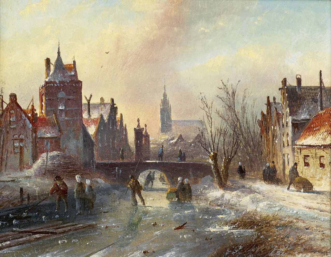 Spohler J.J.C. | Jacob Jan Coenraad Spohler, Winterse stadsgracht met schaatsers, olieverf op paneel 16,0 x 21,0 cm, gesigneerd linksonder Spohler J.J.C. | Jacob Jan Coenraad Spohler, Winterse stadsgracht met schaatsers, olieverf op paneel 16,0 x 21,0 cm, gesigneerd linksonder