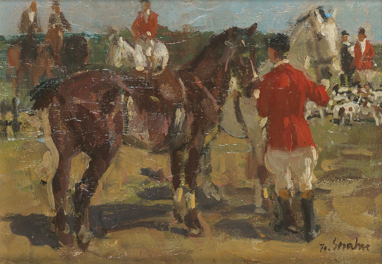 Strahn P.J. | Peter Josef 'Jo' Strahn, Voor de jacht, olieverf op board 13,0 x 18,1 cm, gesigneerd rechtsonder Strahn P.J. | Peter Josef 'Jo' Strahn, Voor de jacht, olieverf op board 13,0 x 18,1 cm, gesigneerd rechtsonder