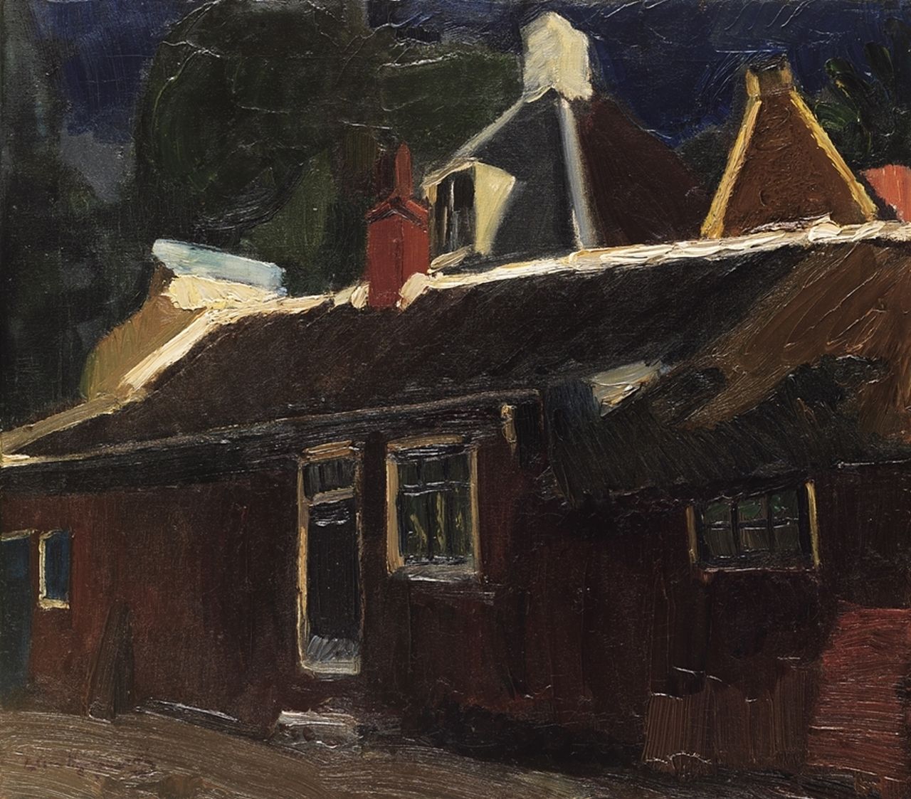 Wijngaerdt P.T. van | Petrus Theodorus 'Piet' van Wijngaerdt, Huizen en rode schuur, olieverf op doek 51,5 x 58,2 cm, gesigneerd linksonder en te dateren ca. 1917-1921 Wijngaerdt P.T. van | Petrus Theodorus 'Piet' van Wijngaerdt, Huizen en rode schuur, olieverf op doek 51,5 x 58,2 cm, gesigneerd linksonder en te dateren ca. 1917-1921
