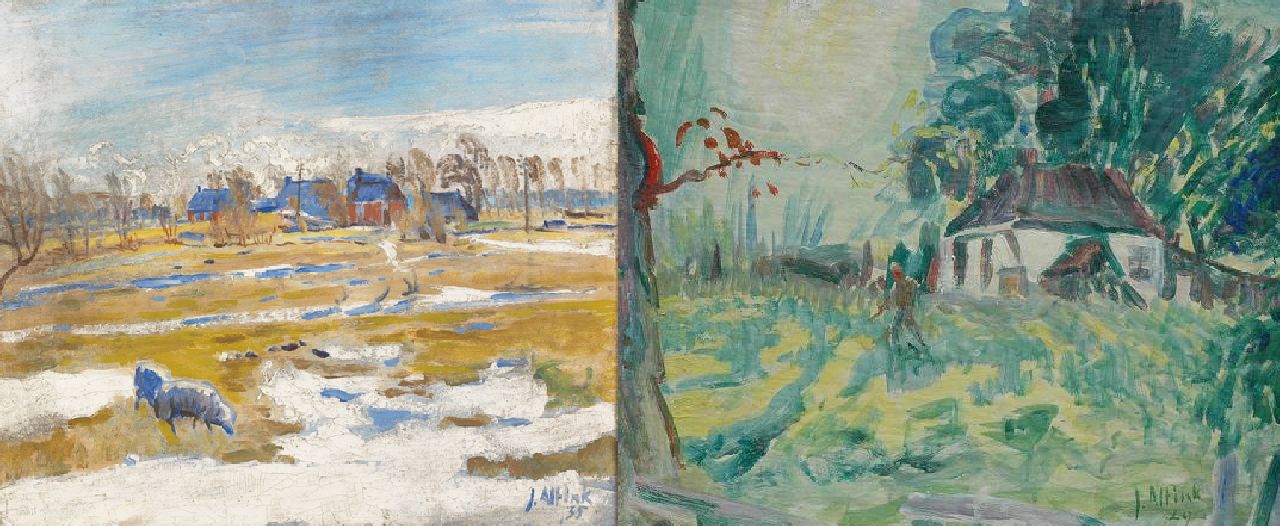 Altink J. | Jan Altink, Winterlandschap met boerderijen; verso: boer op erf (wasverf), olieverf op doek 51,8 x 60,5 cm, gesigneerd rechtsonder en gedateerd '35 Altink J. | Jan Altink, Winterlandschap met boerderijen; verso: boer op erf (wasverf), olieverf op doek 51,8 x 60,5 cm, gesigneerd rechtsonder en gedateerd '35