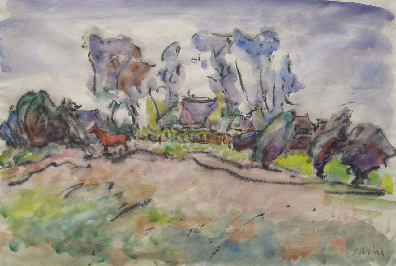 Altink J.  | Jan Altink, Paard in hof, zwart krijt en aquarel op papier 36,5 x 54,0 cm, gesigneerd rechtsonder en gedateerd '50