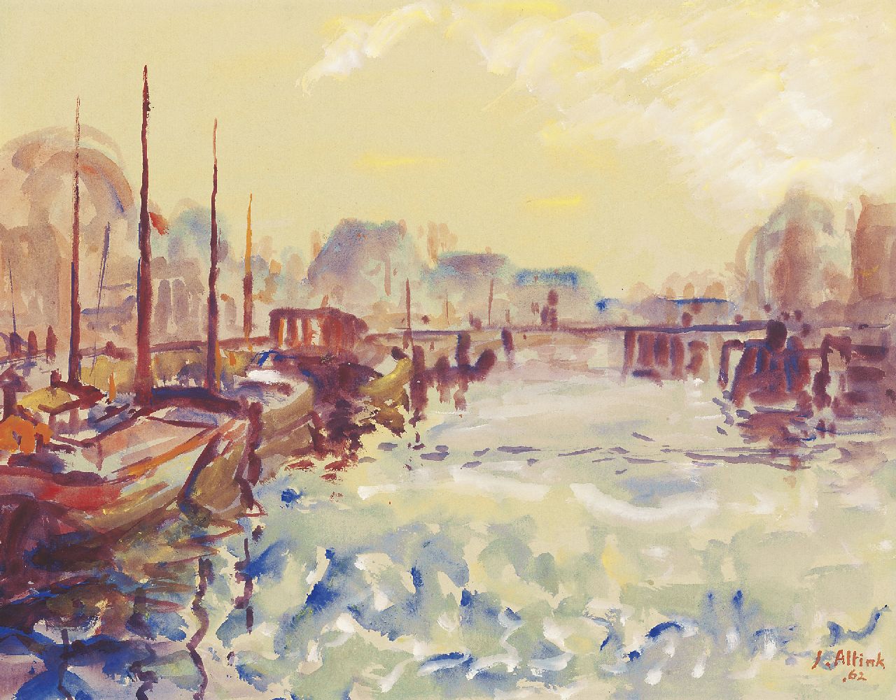 Altink J.  | Jan Altink, Het Verbindingskanaal in Groningen, tempera op papier 47,5 x 61,5 cm, gesigneerd rechtsonder en gedateerd '62