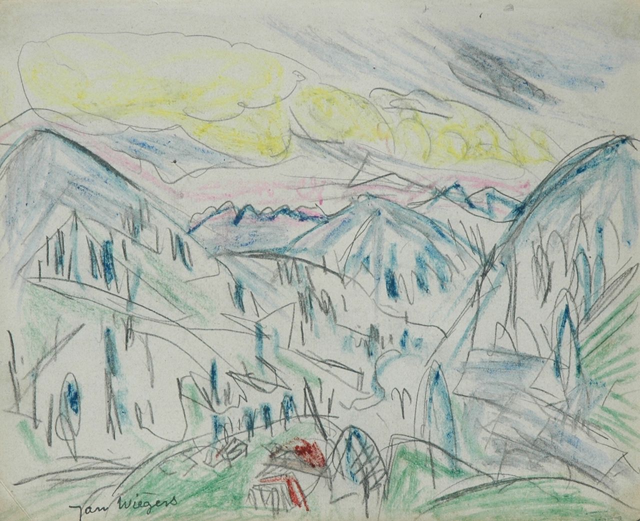 Wiegers J. | Jan Wiegers, Berglandschap Davos; verso: potloodschets van jongetje, potlood en waskrijt op papier 17,5 x 21,7 cm, gesigneerd linksonder met naamstempel Wiegers J. | Jan Wiegers, Berglandschap Davos; verso: potloodschets van jongetje, potlood en waskrijt op papier 17,5 x 21,7 cm, gesigneerd linksonder met naamstempel