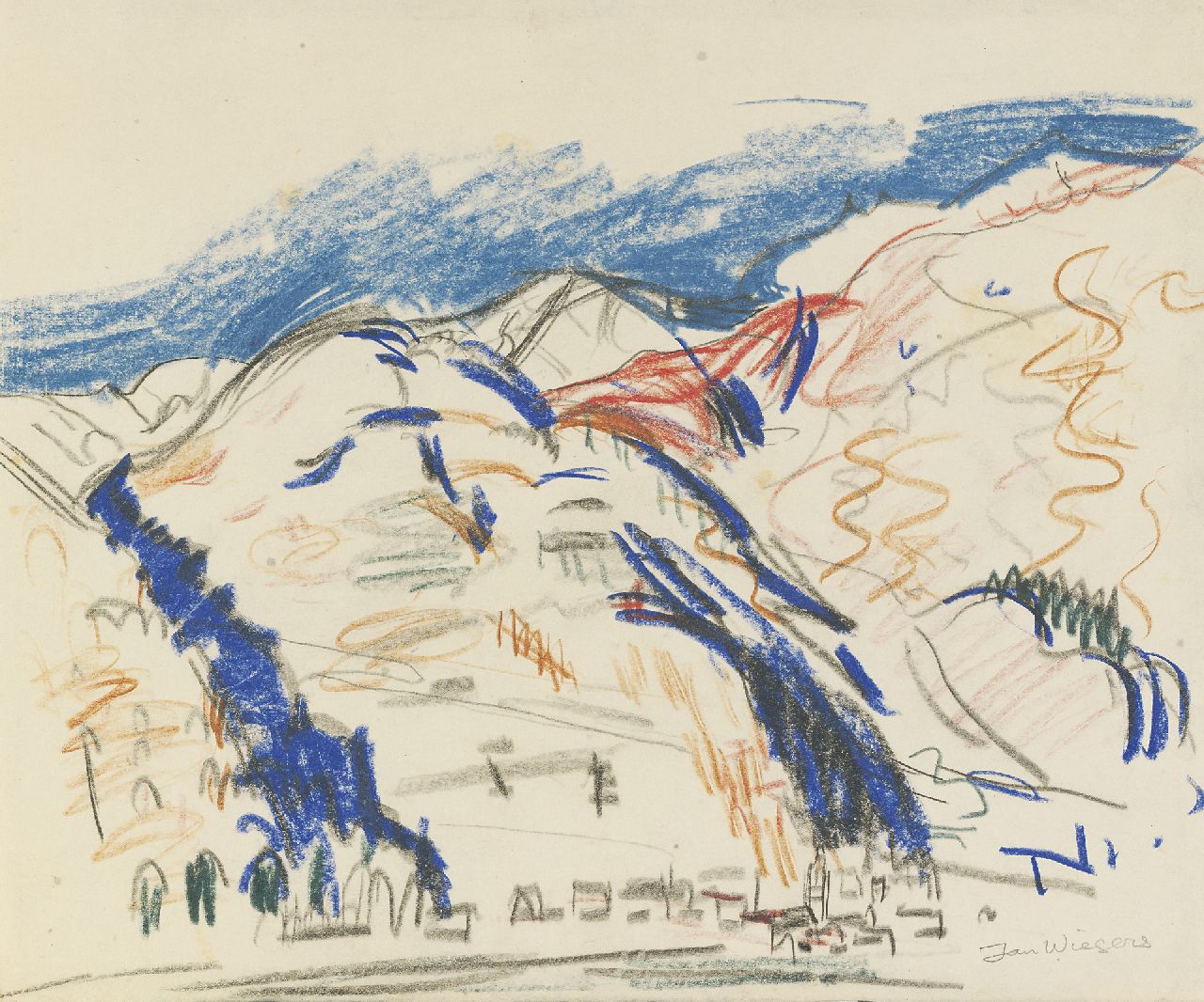 Wiegers J. | Jan Wiegers, Berglandschap omgeving Davos, zwart krijt, kleurpotlood en waskrijt op papier 23,7 x 28,5 cm, gesigneerd rechtsonder Wiegers J. | Jan Wiegers, Berglandschap omgeving Davos, zwart krijt, kleurpotlood en waskrijt op papier 23,7 x 28,5 cm, gesigneerd rechtsonder