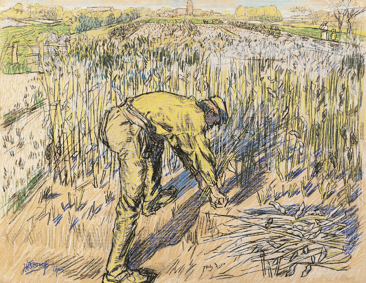 Toorop J.Th. | Johannes Theodorus 'Jan' Toorop, Bonensnijder, potlood en gekleurd krijt op papier 48,0 x 62,0 cm, gesigneerd linksonder en gedateerd 1905 Toorop J.Th. | Johannes Theodorus 'Jan' Toorop, Bonensnijder, potlood en gekleurd krijt op papier 48,0 x 62,0 cm, gesigneerd linksonder en gedateerd 1905