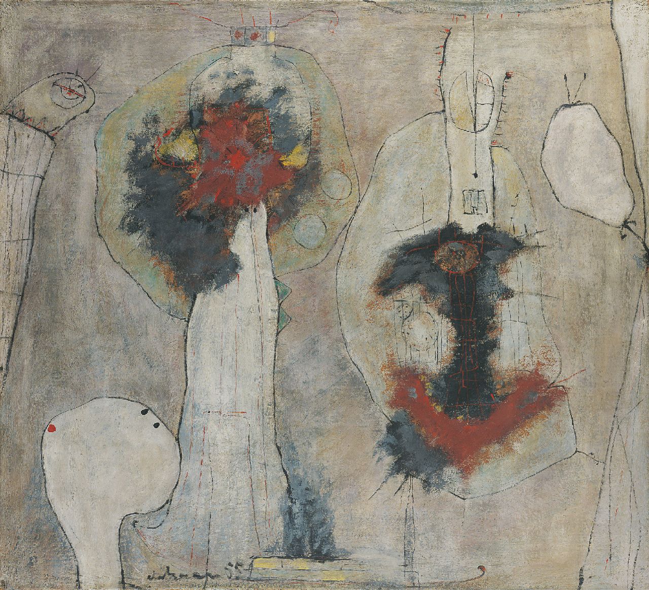 Haan W.J. de | Willem Jacob 'Wim' de Haan, Zonder titel, olieverf en as op jute 90,0 x 100,0 cm, gesigneerd links van het midden. en gedateerd '55 Haan W.J. de | Willem Jacob 'Wim' de Haan, Zonder titel, olieverf en as op jute 90,0 x 100,0 cm, gesigneerd links van het midden. en gedateerd '55