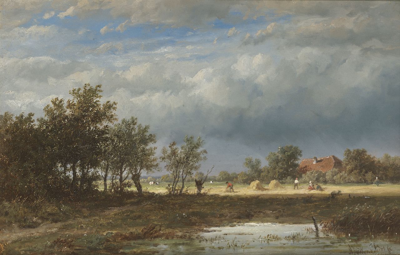 Wijngaerdt A.J. van | Anthonie Jacobus van Wijngaerdt, Hooiend landvolk bij naderende regenbui, olieverf op paneel 23,7 x 36,5 cm, gesigneerd rechtsonder Wijngaerdt A.J. van | Anthonie Jacobus van Wijngaerdt, Hooiend landvolk bij naderende regenbui, olieverf op paneel 23,7 x 36,5 cm, gesigneerd rechtsonder