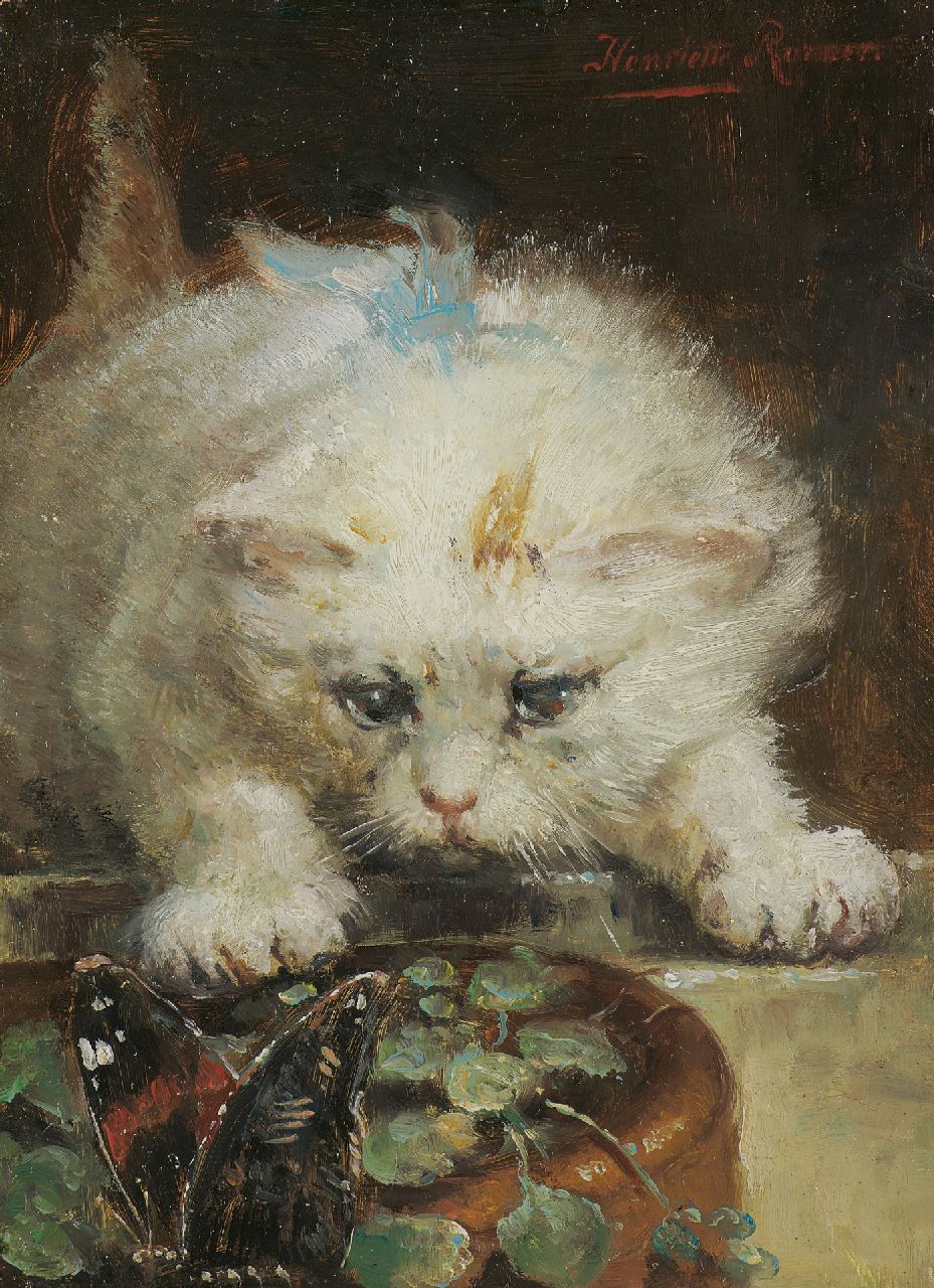 Ronner-Knip H.  | Henriette Ronner-Knip, Een verleidelijk speeltje, olieverf op paneel 17,7 x 12,8 cm, gesigneerd rechtsboven