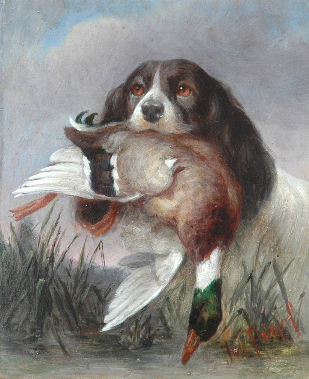 Heimerl J. | Josef Heimerl, Engelse Springer Spaniel met buit, olieverf op paneel 15,9 x 13,0 cm, gesigneerd rechtsonder Heimerl J. | Josef Heimerl, Engelse Springer Spaniel met buit, olieverf op paneel 15,9 x 13,0 cm, gesigneerd rechtsonder