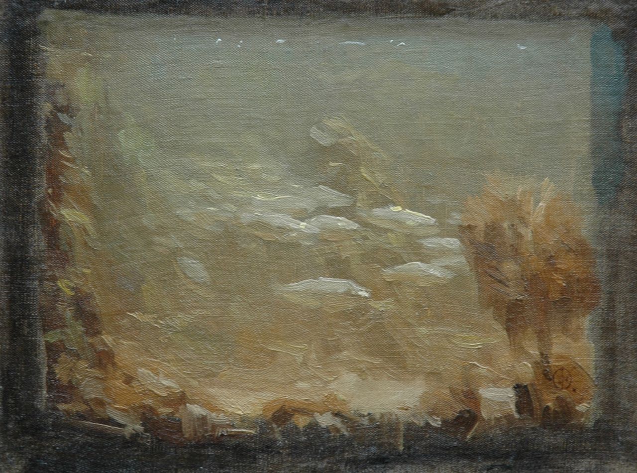 Dijsselhof G.W.  | Gerrit Willem Dijsselhof, Vissen in een aquarium, olieverf op doek op paneel 19,3 x 26,1 cm, gesigneerd rechtsonder met monogram
