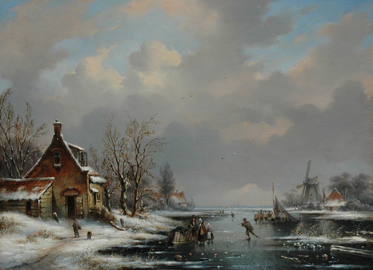 Hendriks G. | Gerardus 'George Henry' Hendriks, Bevroren rivier met molen, boerenhut en schaatsers, olieverf op paneel 28,6 x 39,2 cm Hendriks G. | Gerardus 'George Henry' Hendriks, Bevroren rivier met molen, boerenhut en schaatsers, olieverf op paneel 28,6 x 39,2 cm