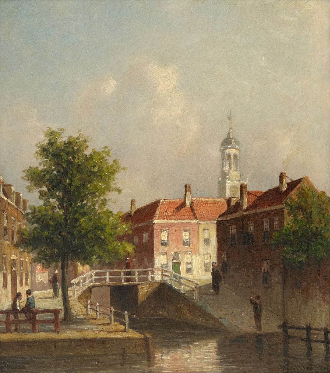 Vertin P.G.  | Petrus Gerardus Vertin | Schilderijen te koop aangeboden | Gezicht op de Nieuwe Gracht, hoek Jansstraat te Haarlem, olieverf op paneel 23,6 x 20,8 cm, gesigneerd rechtsonder