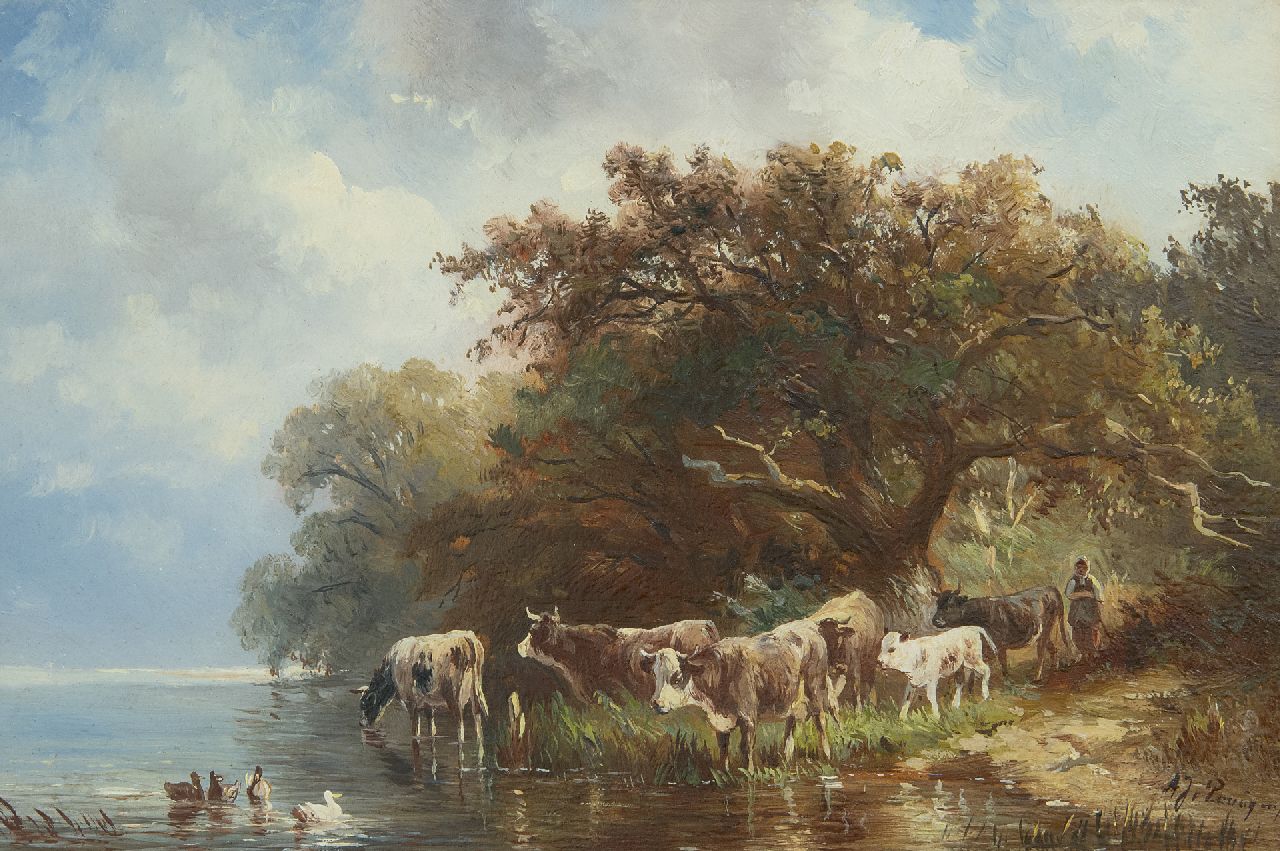 Prooijen A.J. van | Albert Jurardus van Prooijen | Schilderijen te koop aangeboden | Herderin met koeien langs de oever van een rivier, olieverf op paneel 19,7 x 29,1 cm, gesigneerd rechtsonder Prooijen A.J. van | Albert Jurardus van Prooijen | Schilderijen te koop aangeboden | Herderin met koeien langs de oever van een rivier, olieverf op paneel 19,7 x 29,1 cm, gesigneerd rechtsonder