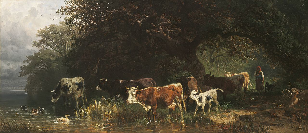 Voltz J.F.  | Johann 'Friedrich' Voltz, Koeien bij de Starnberger See, olieverf op paneel 39,6 x 90,4 cm, gesigneerd rechtsonder en gedateerd '70