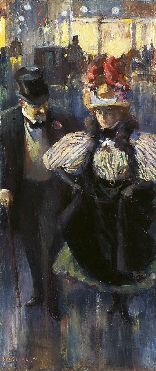 Halmi A.L.  | Artur Lajos Halmi, Op weg naar het theater, olieverf op schildersboard 46,3 x 20,2 cm, gesigneerd linksonder en gedateerd 'Mchn. [München] '99'