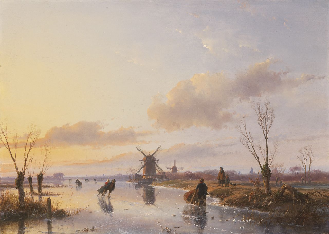 Schelfhout A. | Andreas Schelfhout, IJsgezicht met schaatsers in de avondzon, olieverf op paneel 47,1 x 66,3 cm, gesigneerd rechtsonder met initiaal A. en achternaam vaag en gedateerd 1845 Schelfhout A. | Andreas Schelfhout, IJsgezicht met schaatsers in de avondzon, olieverf op paneel 47,1 x 66,3 cm, gesigneerd rechtsonder met initiaal A. en achternaam vaag en gedateerd 1845
