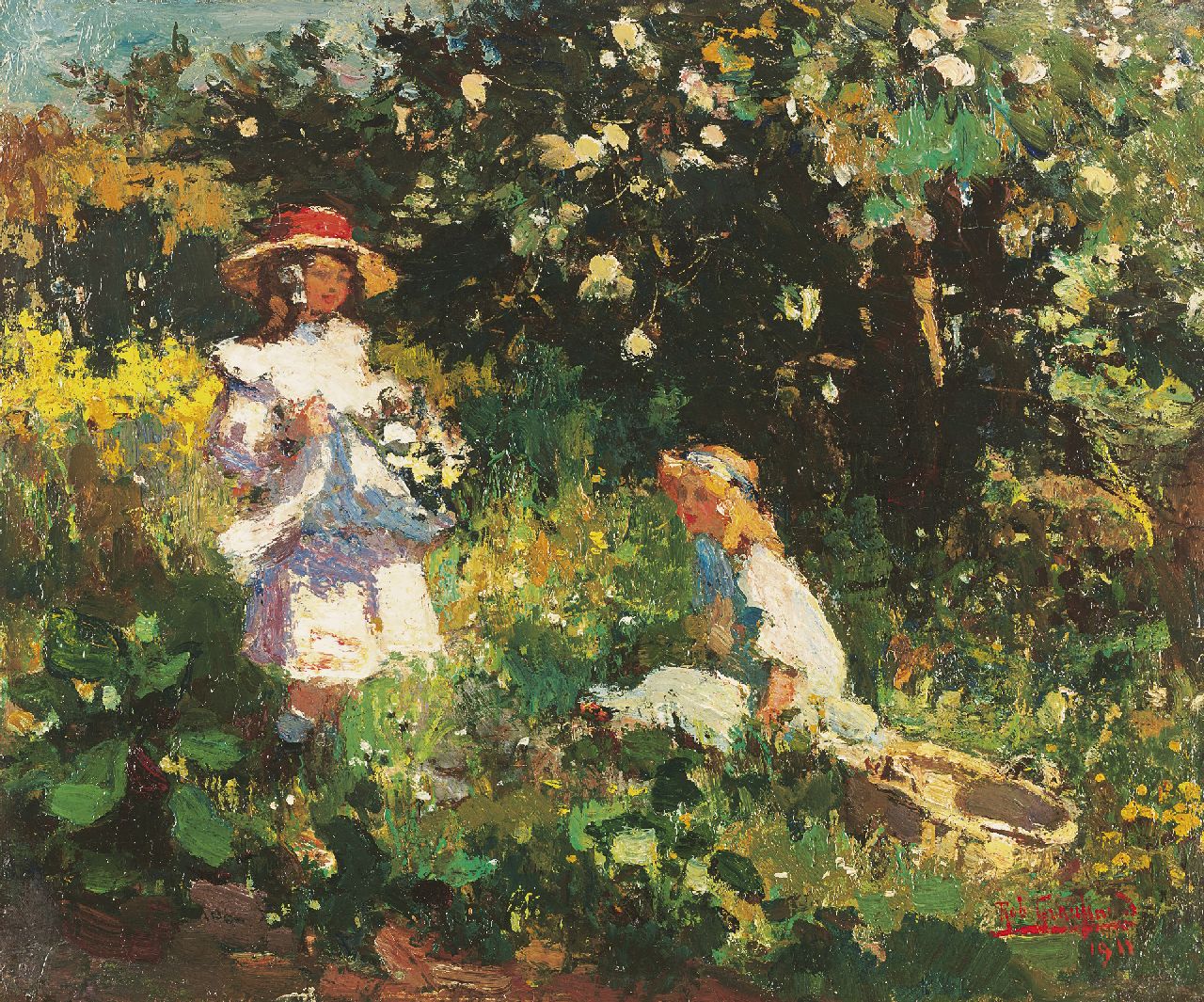 Graafland R.A.A.J.  | Robert Archibald Antonius Joan 'Rob' Graafland, Bloemen plukken, olieverf op paneel 28,2 x 33,6 cm, gesigneerd rechtsonder en gedateerd 1911