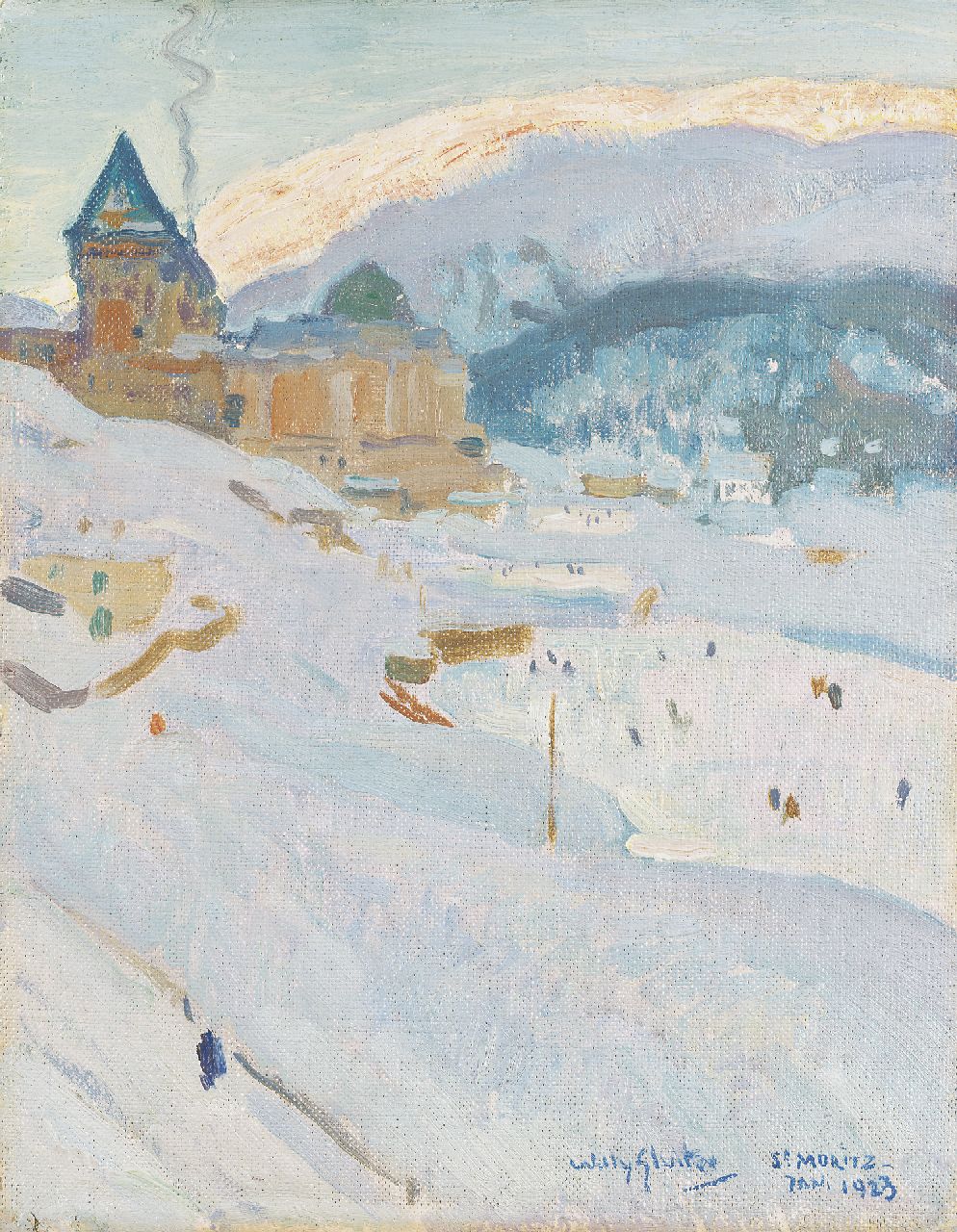 Sluiter J.W. | Jan Willem 'Willy' Sluiter, St. Moritz in de winter, olieverf op schildersboard 34,8 x 26,9 cm, gesigneerd rechtsonder en gedateerd jan. 1923 Sluiter J.W. | Jan Willem 'Willy' Sluiter, St. Moritz in de winter, olieverf op schildersboard 34,8 x 26,9 cm, gesigneerd rechtsonder en gedateerd jan. 1923