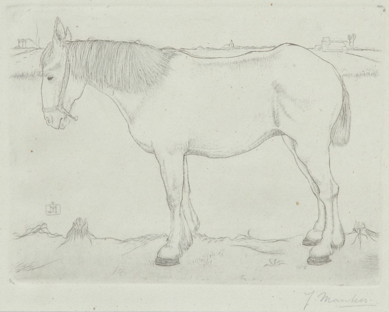 Mankes J. | Jan Mankes, Staand paard, kopergravure op papier 11,8 x 15,8 cm, gesigneerd rechtsonder voluit en links van het midden met monogram (in ets)6 en te dateren 1917 Mankes J. | Jan Mankes, Staand paard, kopergravure op papier 11,8 x 15,8 cm, gesigneerd rechtsonder voluit en links van het midden met monogram (in ets)6 en te dateren 1917
