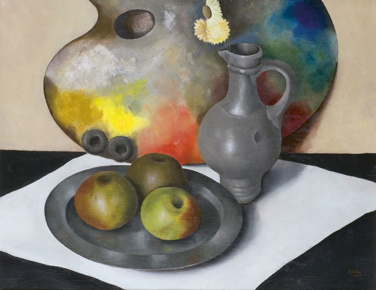 Bor J. | Jan Bor, Stilleven met palet, appels, tinnen schaal en kan, olieverf op doek 39,8 x 50,3 cm, gesigneerd rechtsonder en gedateerd 1943 Bor J. | Jan Bor, Stilleven met palet, appels, tinnen schaal en kan, olieverf op doek 39,8 x 50,3 cm, gesigneerd rechtsonder en gedateerd 1943
