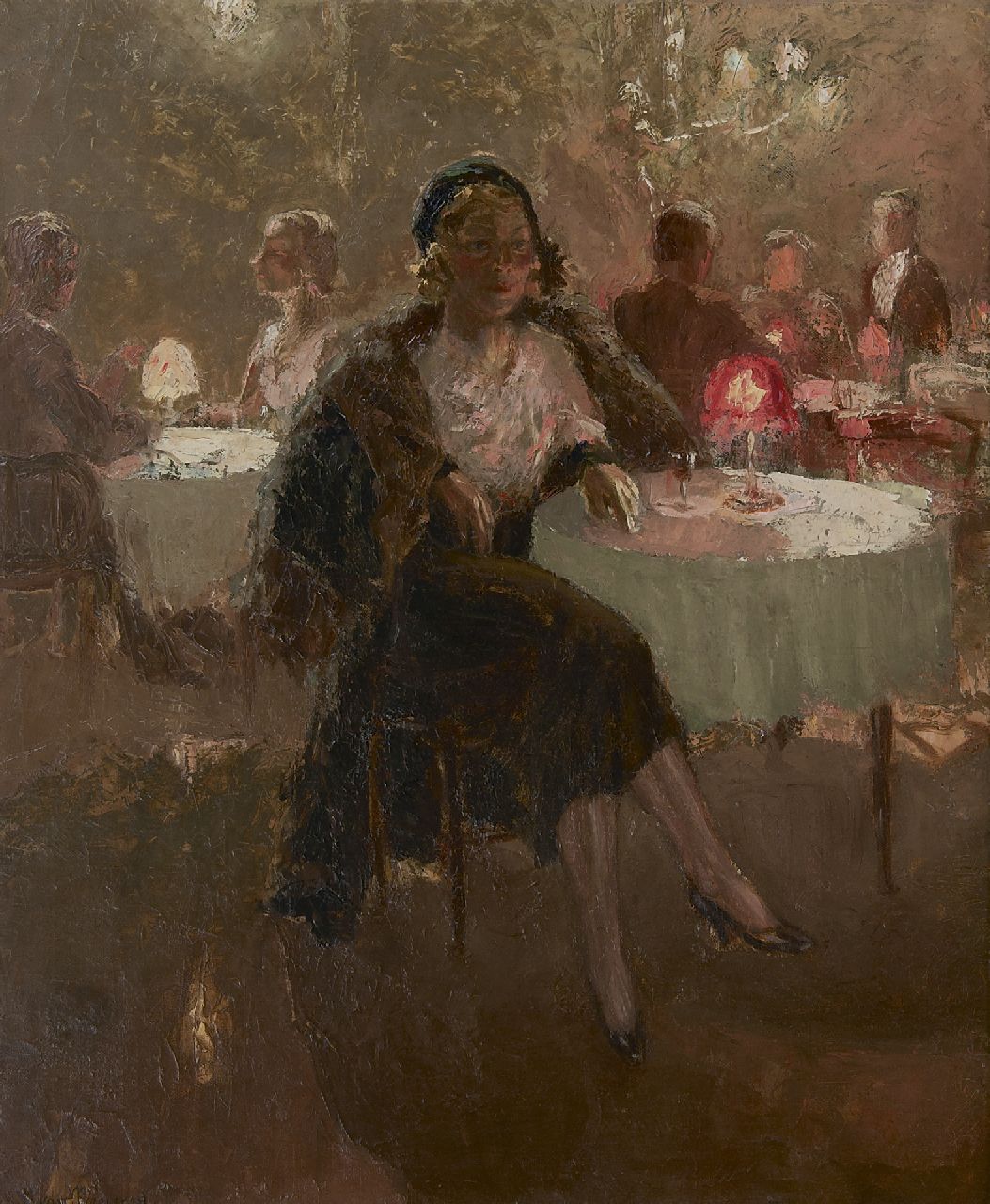Meegeren H.A. van | Henricus Antonius 'Han' van Meegeren, De actrice Clara Vischer-Blaaser in een theesalon, olieverf op doek 73,2 x 60,4 cm, gesigneerd linksonder en te dateren ca. 1927-1932 Meegeren H.A. van | Henricus Antonius 'Han' van Meegeren, De actrice Clara Vischer-Blaaser in een theesalon, olieverf op doek 73,2 x 60,4 cm, gesigneerd linksonder en te dateren ca. 1927-1932
