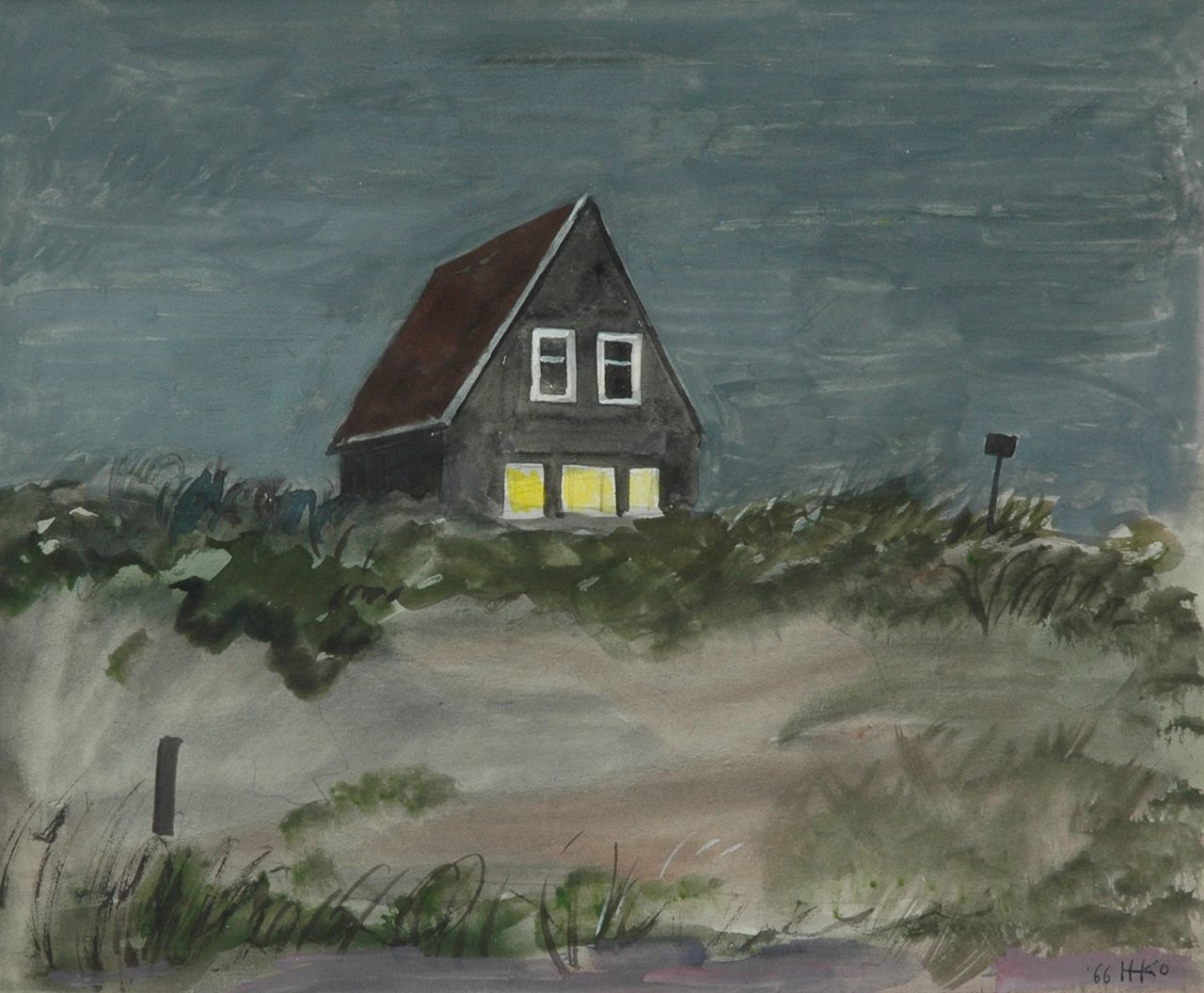 Kamerlingh Onnes H.H.  | 'Harm' Henrick Kamerlingh Onnes, Duinhuis Terschelling, potlood en aquarel op papier 23,5 x 28,4 cm, gesigneerd rechtsonder met monogram en gedateerd '66