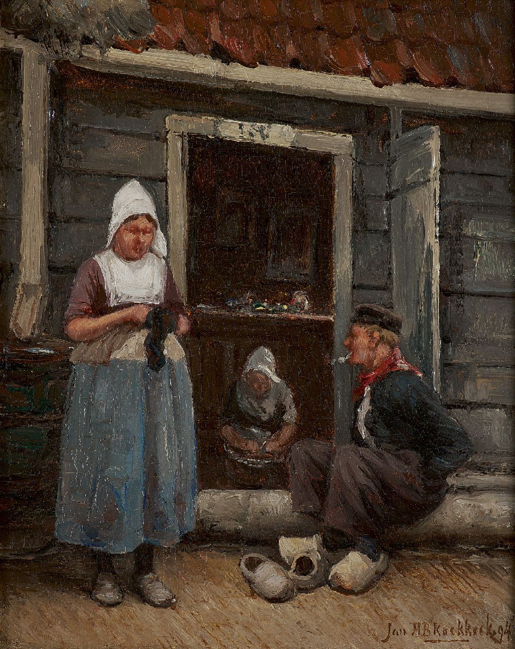 Koekkoek J.H.B.  | Johannes Hermanus Barend 'Jan H.B.' Koekkoek, Praatje bij de voordeur, Volendam, olieverf op paneel 25,2 x 19,7 cm, gesigneerd rechtsonder en gedateerd '94
