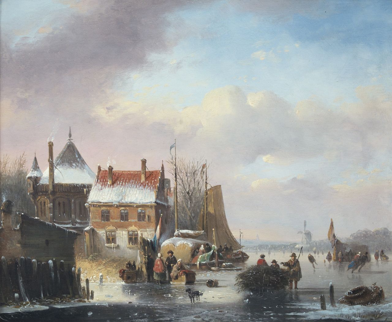 Stok J. van der | Jacobus van der Stok, Schaatsvertier bij een stadje met molen in de verte, olieverf op paneel 23,2 x 27,9 cm, gesigneerd linksonder Stok J. van der | Jacobus van der Stok, Schaatsvertier bij een stadje met molen in de verte, olieverf op paneel 23,2 x 27,9 cm, gesigneerd linksonder
