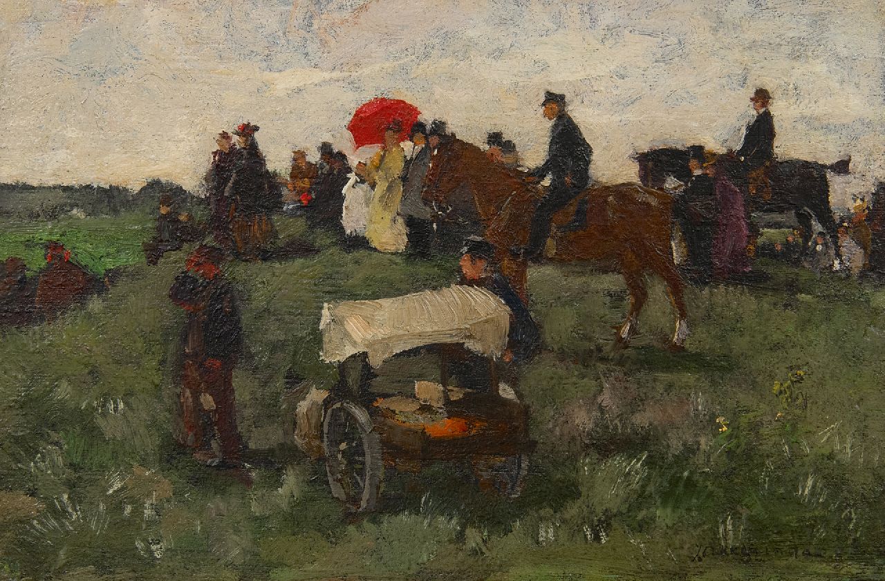 Akkeringa J.E.H.  | 'Johannes Evert' Hendrik Akkeringa | Schilderijen te koop aangeboden | Bij de wedrennen te Clingendael, olieverf op paneel 16,5 x 25,0 cm, gesigneerd rechtsonder en te dateren ca. 1898
