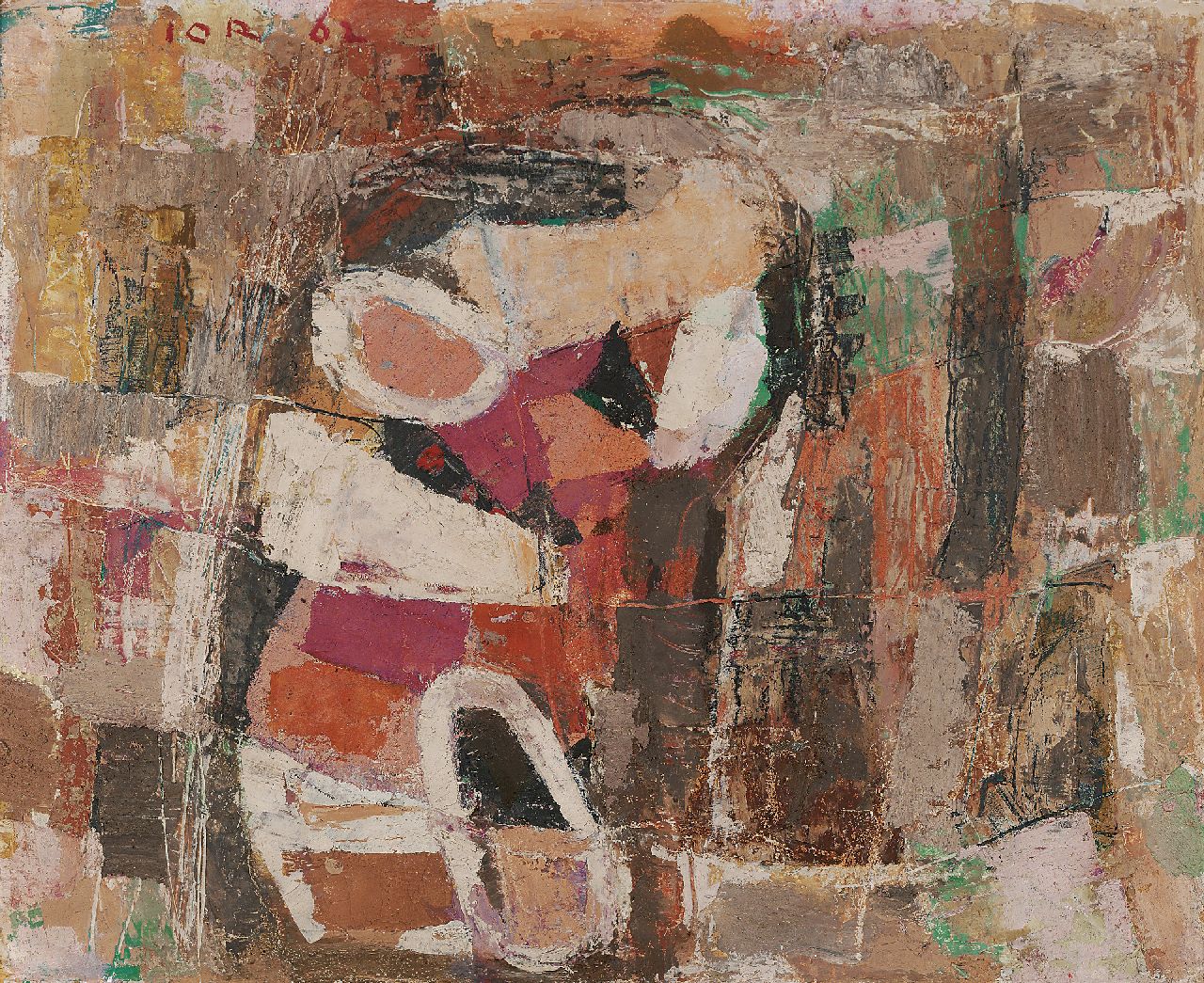 Jordens J.G. | 'Jan' Gerrit Jordens, Compositie, olieverf op board 40,5 x 50,0 cm, gesigneerd linksboven en gedateerd '62 Jordens J.G. | 'Jan' Gerrit Jordens, Compositie, olieverf op board 40,5 x 50,0 cm, gesigneerd linksboven en gedateerd '62
