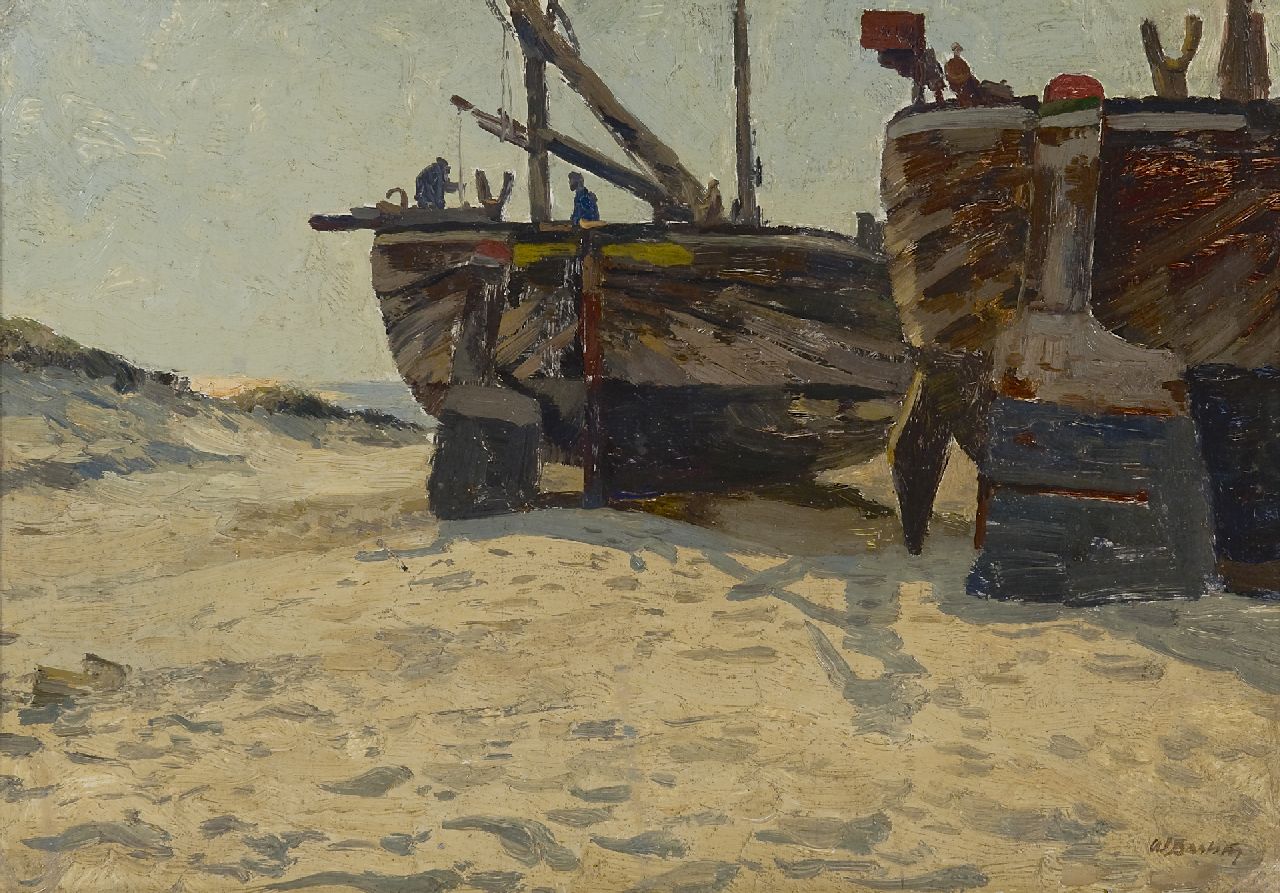 Wilhelm Bartsch | Bomschuiten op het strand, olieverf op doek op karton, 34,3 x 49,1 cm, gesigneerd r.o. en zonder lijst Wilhelm Bartsch | Bomschuiten op het strand, olieverf op doek op karton, 34,3 x 49,1 cm, gesigneerd r.o. en zonder lijst