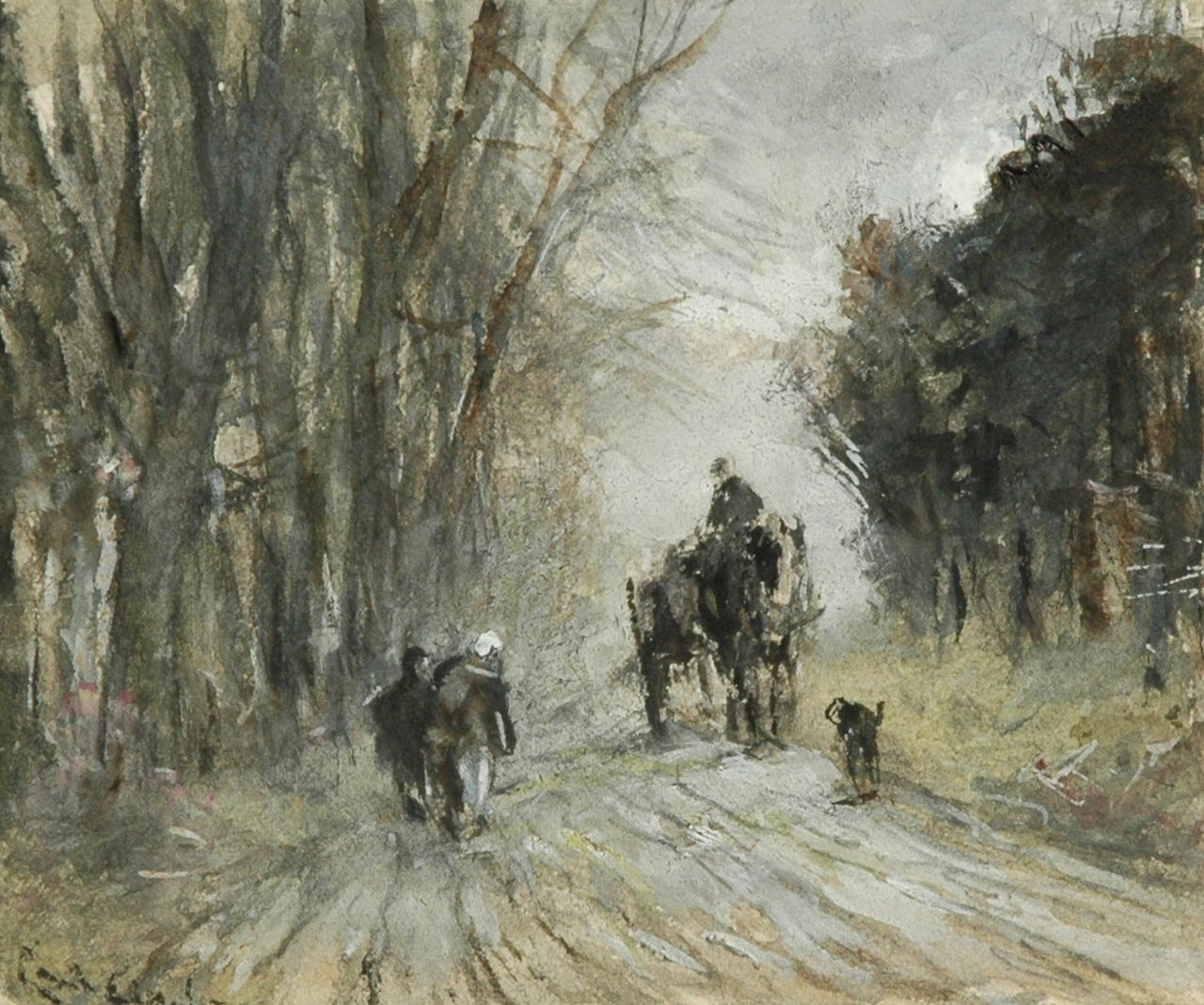 Apol L.F.H.  | Lodewijk Franciscus Hendrik 'Louis' Apol, Paard-en-wagen en figuren op besneeuwd bospad, aquarel op papier 10,8 x 13,4 cm, gesigneerd linksonder (vaag)