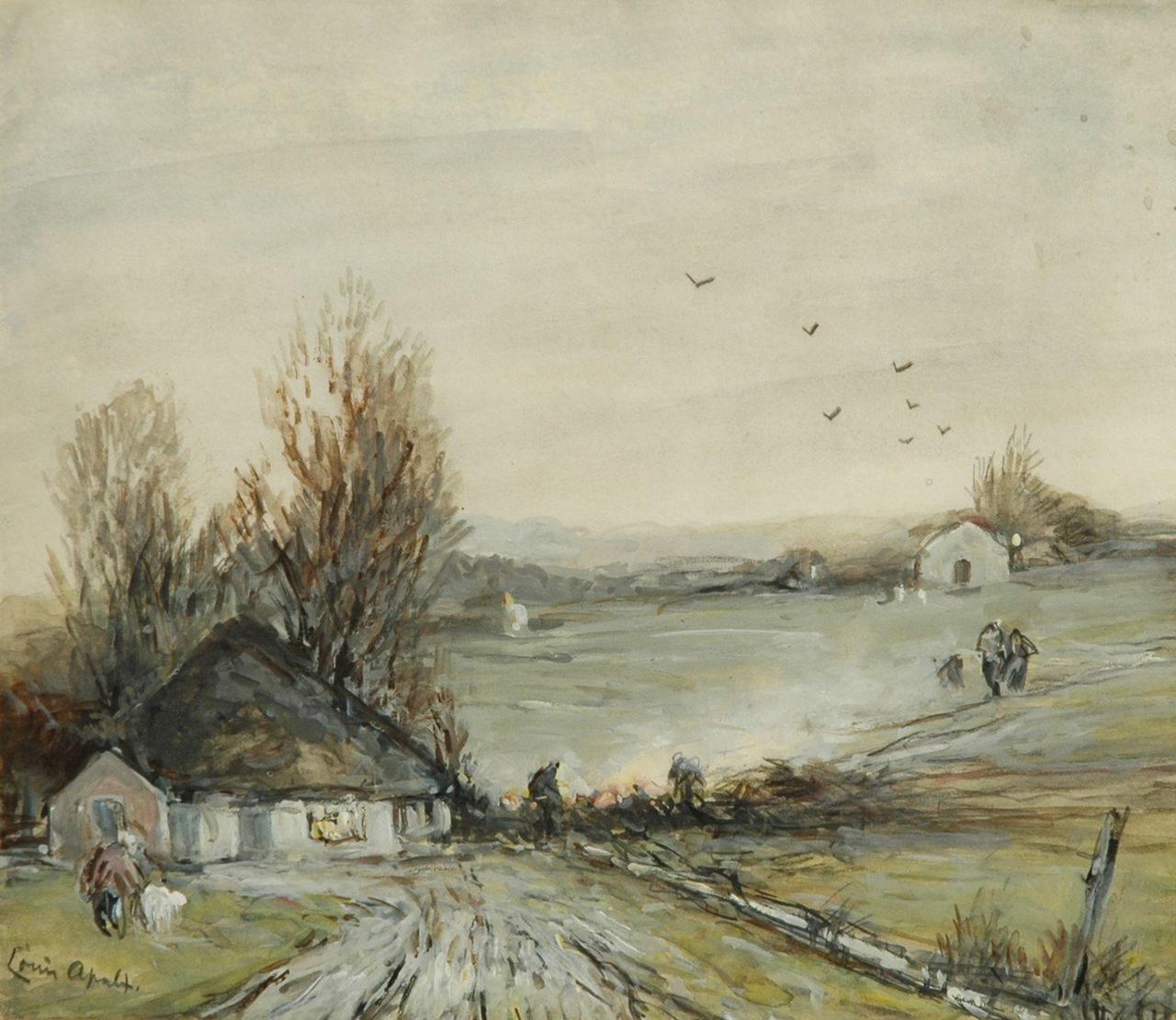 Apol L.F.H. | Lodewijk Franciscus Hendrik 'Louis' Apol, Vuurstokende boeren bij een boerderij, potlood en aquarel op papier 21,9 x 24,9 cm, gesigneerd linksonder Apol L.F.H. | Lodewijk Franciscus Hendrik 'Louis' Apol, Vuurstokende boeren bij een boerderij, potlood en aquarel op papier 21,9 x 24,9 cm, gesigneerd linksonder