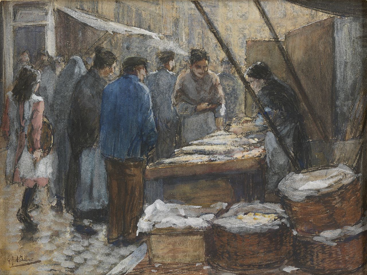 Staller G.J. | Gerard Johan Staller, Figuren bij een Amsterdamse visstal, aquarel en gouache op papier 17,5 x 23,5 cm, gesigneerd linksonder Staller G.J. | Gerard Johan Staller, Figuren bij een Amsterdamse visstal, aquarel en gouache op papier 17,5 x 23,5 cm, gesigneerd linksonder