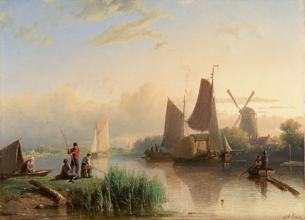 Rust J.A.  | Johan 'Adolph' Rust, Rivierlandschap met hengelaars, olieverf op paneel 24,2 x 33,5 cm, gesigneerd rechtsonder