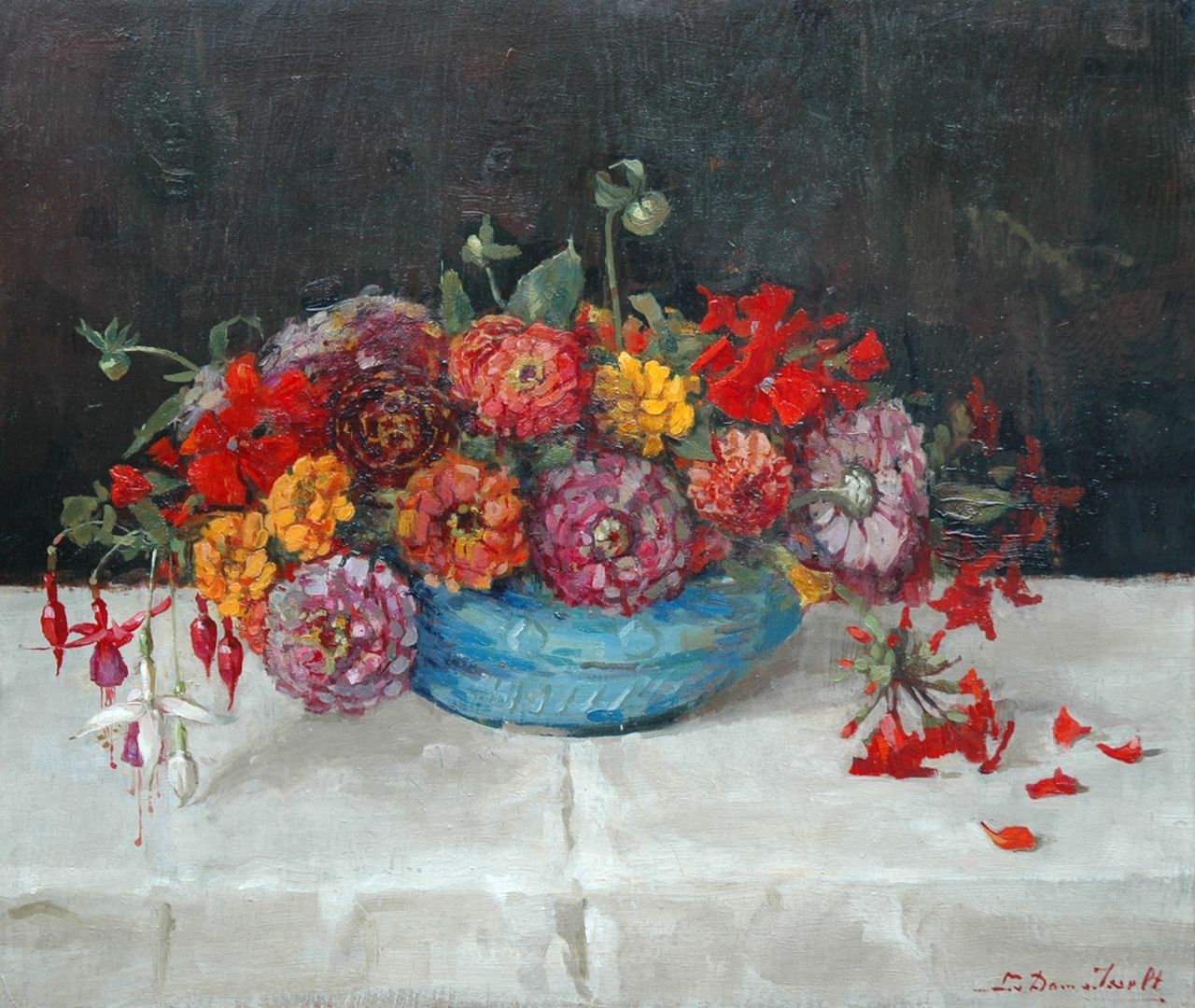 Dam van Isselt L. van | Lucie van Dam van Isselt, Pronkboeket met zinnia's en fuchsia's, olieverf op paneel 46,8 x 55,6 cm, gesigneerd rechtsonder Dam van Isselt L. van | Lucie van Dam van Isselt, Pronkboeket met zinnia's en fuchsia's, olieverf op paneel 46,8 x 55,6 cm, gesigneerd rechtsonder