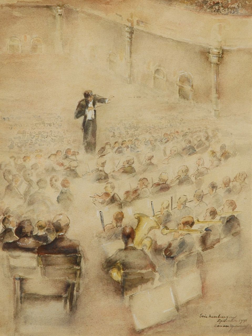 Neuburger E. | Eliazer 'Elie' Neuburger, In het concertgebouw, Amsterdam, aquarel op papier 40,0 x 30,0 cm, gesigneerd rechtsonder en gedateerd september 1941 Neuburger E. | Eliazer 'Elie' Neuburger, In het concertgebouw, Amsterdam, aquarel op papier 40,0 x 30,0 cm, gesigneerd rechtsonder en gedateerd september 1941