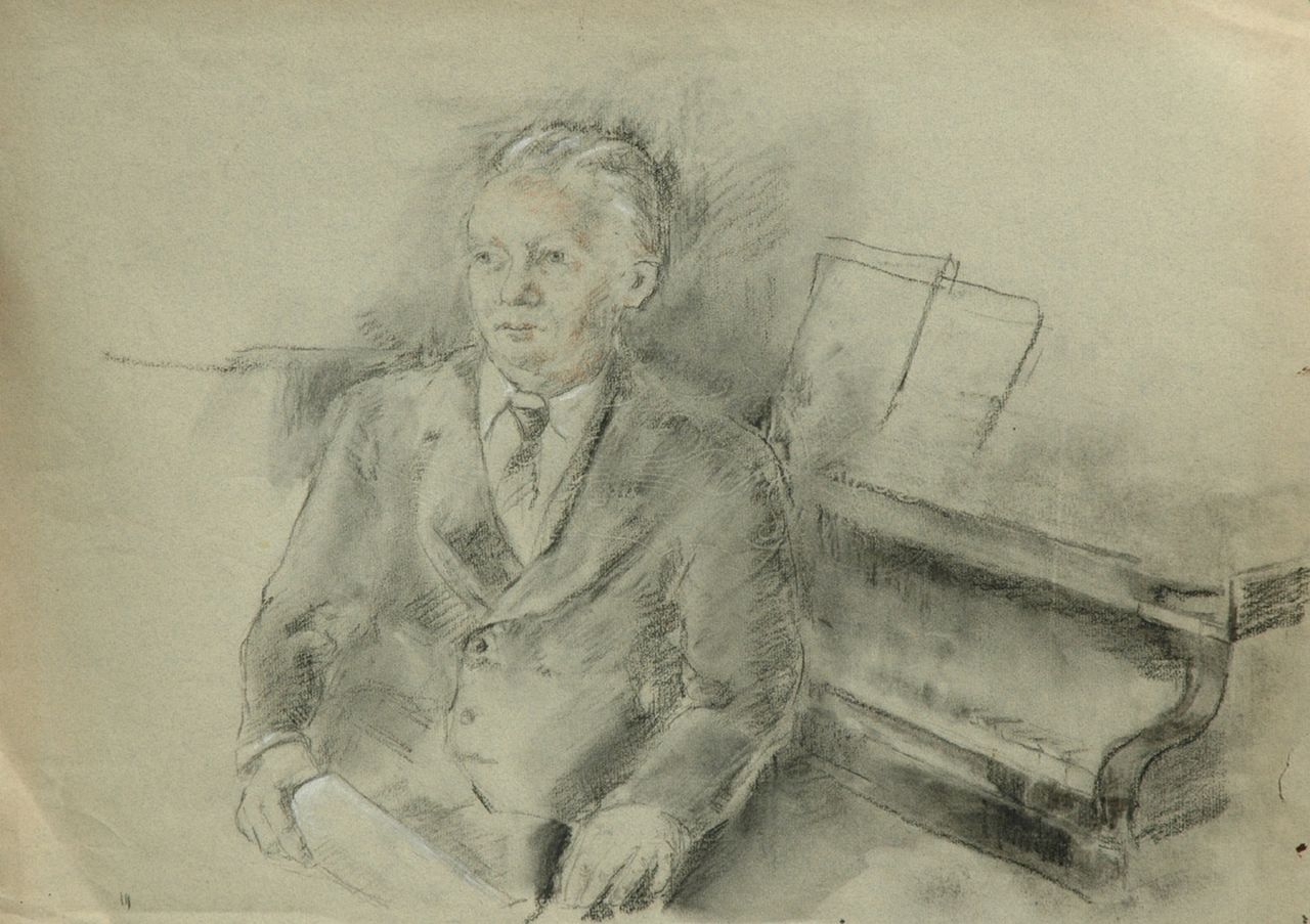 Neuburger E.  | Eliazer 'Elie' Neuburger, De pianist Willem Andriessen aan de vleugel, houtskool en krijt op gekleurd papier 42,6 x 60,4 cm