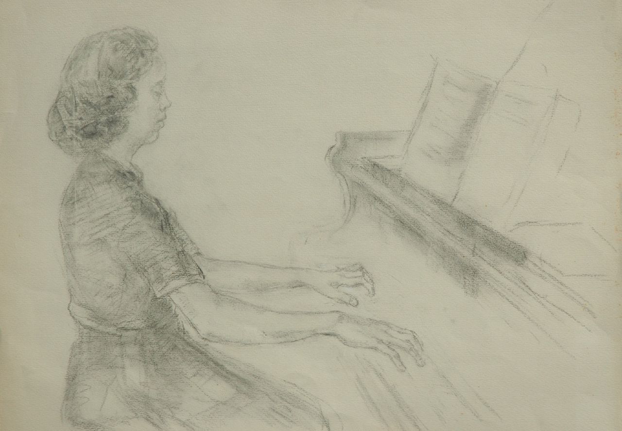 Neuburger E.  | Eliazer 'Elie' Neuburger, Vrouw aan de vleugel, schets, houtskool op papier 55,8 x 76,8 cm