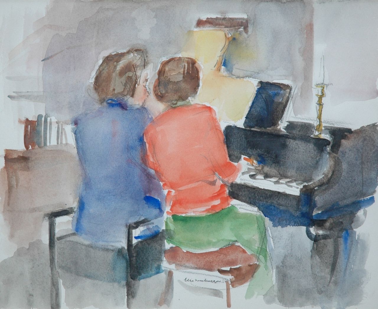 Neuburger E.  | Eliazer 'Elie' Neuburger, Quatre-mains: twee vrouwen aan de vleugel, houtskool en aquarel op papier 31,0 x 38,0 cm, gesigneerd middenonder en gedateerd '54