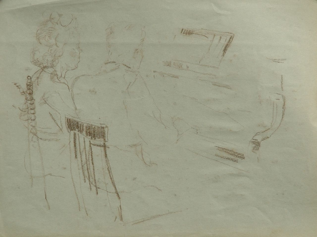 Neuburger E. | Eliazer 'Elie' Neuburger, Quatre-mains, schets, zwart krijt op gekleurd papier 27,8 x 37,4 cm Neuburger E. | Eliazer 'Elie' Neuburger, Quatre-mains, schets, zwart krijt op gekleurd papier 27,8 x 37,4 cm