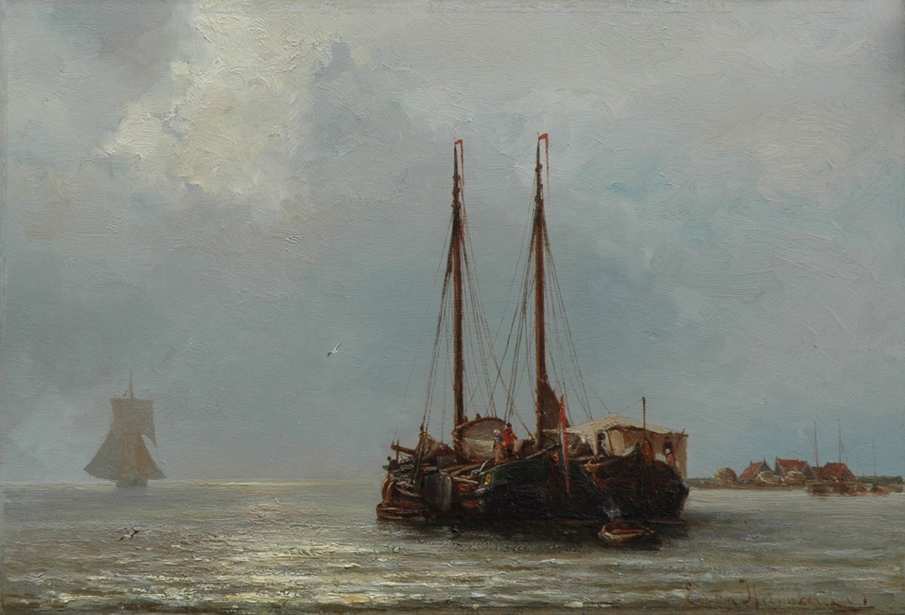 Heemskerck van Beest J.E. van | Jacob Eduard van Heemskerck van Beest, Voor anker bij de haveningang, olieverf op paneel 34,3 x 50,1 cm, gesigneerd rechtsonder Heemskerck van Beest J.E. van | Jacob Eduard van Heemskerck van Beest, Voor anker bij de haveningang, olieverf op paneel 34,3 x 50,1 cm, gesigneerd rechtsonder