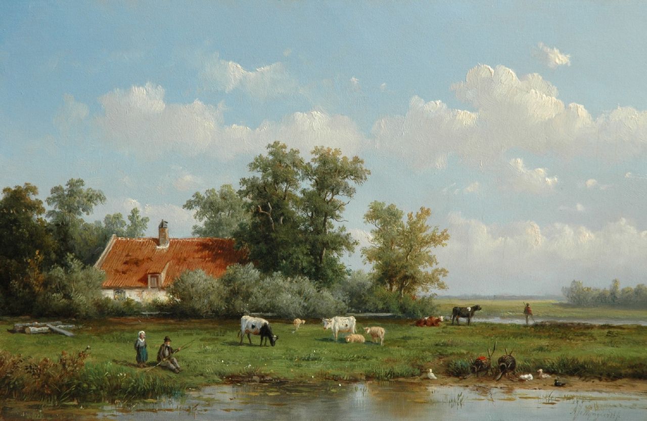 Wijngaerdt A.J. van | Anthonie Jacobus van Wijngaerdt, Vee en figuren in een polderlandschap, olieverf op paneel 24,1 x 36,8 cm, gesigneerd rechtsonder Wijngaerdt A.J. van | Anthonie Jacobus van Wijngaerdt, Vee en figuren in een polderlandschap, olieverf op paneel 24,1 x 36,8 cm, gesigneerd rechtsonder