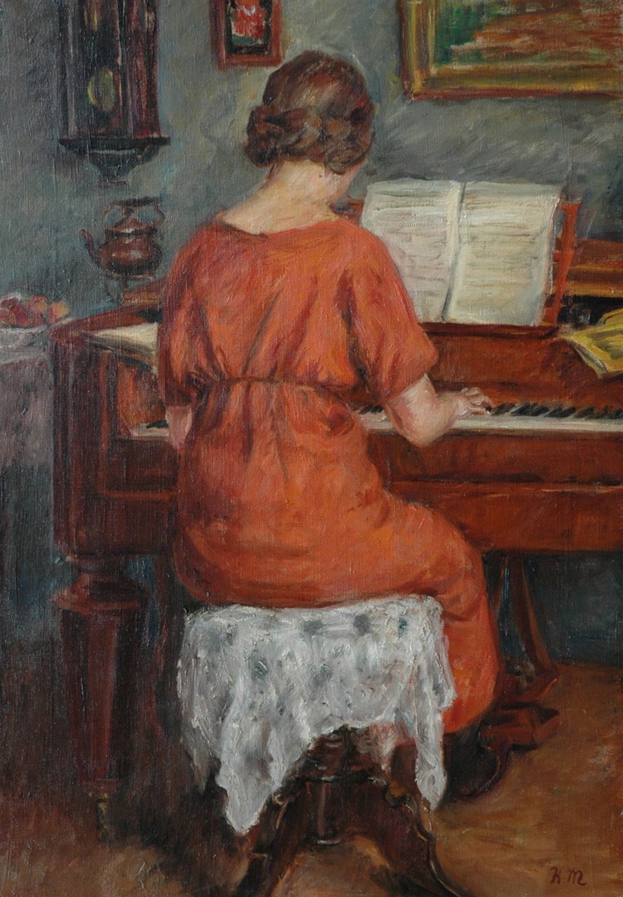Mirtschin K. | Käthe Mirtschin, Achter de piano, olieverf op doek 64,0 x 45,2 cm, gesigneerd rechtsonder met monogram Mirtschin K. | Käthe Mirtschin, Achter de piano, olieverf op doek 64,0 x 45,2 cm, gesigneerd rechtsonder met monogram