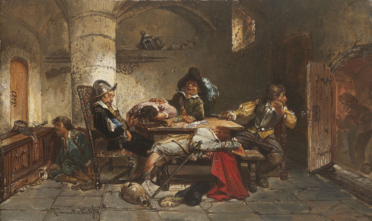 Kate H.F.C. ten | 'Herman' Frederik Carel ten Kate, Na het drinkgelag van de schutterij, olieverf op paneel 16,3 x 27,1 cm, gesigneerd linksonder Kate H.F.C. ten | 'Herman' Frederik Carel ten Kate, Na het drinkgelag van de schutterij, olieverf op paneel 16,3 x 27,1 cm, gesigneerd linksonder