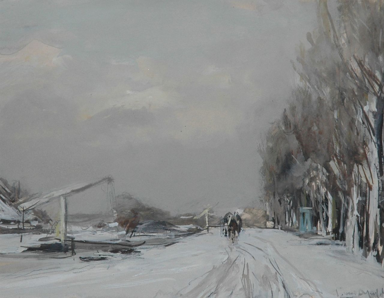 Apol L.F.H.  | Lodewijk Franciscus Hendrik 'Louis' Apol, Pad langs een vaart met paard en wagen in de sneeuw, gouache op papier 16,8 x 21,5 cm, gesigneerd rechtsonder